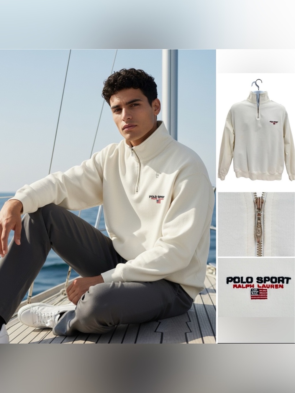 Polo Ralph Lauren White 1/4 Zip Sweatshirt Sz. M Vintage 90's Flag Pockets